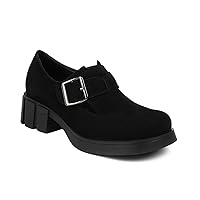 Women's Faux Suede Platform Oxfords Round Toe Buckle Chunky Mid Heel Casual Slip On Dress Loafer Shoes Black