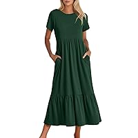 Knotted Front Fitted Dress Women's Summer Casual Short Sleeve Crewneck Swing Dress Casual Flowy Tiered Beach
