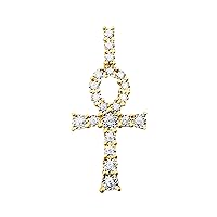 10K Yellow Gold Diamond Ankh Cross Pendant for Women and Men | 15 x 48 mm genuine Authentic Round Cut Real Egyptian Diamonds Necklace Chain Mens Charm Pendant 0.43 ct (SI1-SI3 Clarity; H-I Color) | Jewelry Gift Box