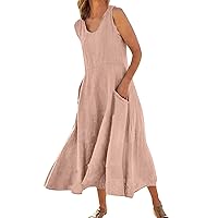Women 2023 Summer Dress Women Casual Solid Splice Sleeveless Loose Dress Beach Holiday Pocket Long Dress