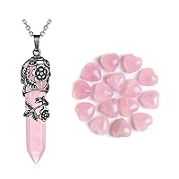 Top Plaza Bundle - 2 Items: Natural Crystal Rose Quartz Antique Silver Flower Necklace & Rose Quartz Heart Love Worry Stones Set for Chakra Reiki Balancing 15 Pcs