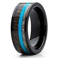 Deer Antler 8mm Wedding Band - Black Ring - Turquoise Wedding Ring - Antler Ring