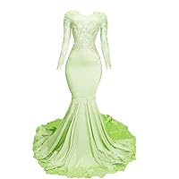 Women's Satin Long Sleeves Mermaid Long Prom Dress Lace Applique Formal Party Evening Gowns