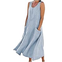 Cotton Linen Dresses for Women Casual Loose Sleeveless Swing Maxi Dress Plain Round Neck Flowy Vacation Beach Long Dress