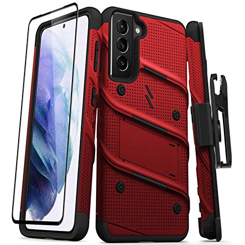 ZIZO Bolt Series for Galaxy S21 Case with Screen Protector Kickstand Holster Lanyard - Red & Black