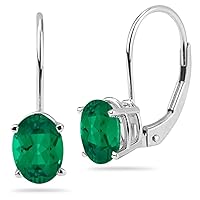 May Birthstone - Lab Created Oval Cut Lever Back Emerald Stud Earrings in 14K White Gold Available in 6x4mm - 10x8mm