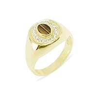 18k Yellow Gold Natural Tigers Eye & Diamond Mens Signet Ring - Sizes 6 to 12 Available (0.14 cttw, H-I Color, I2-I3 Clarity)