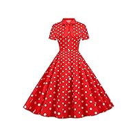Red Polka Dot Print Vintage Dress Women Summer Short Sleeve Bow Collar Shirt Dress Pin Up Elegant Party Dresses