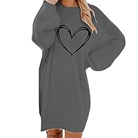 Women Furry Causal Oversized Mini Dress Cute Love Heart Print Pullover Tunic Dress Comfy Long Sleeve Crewneck Dress
