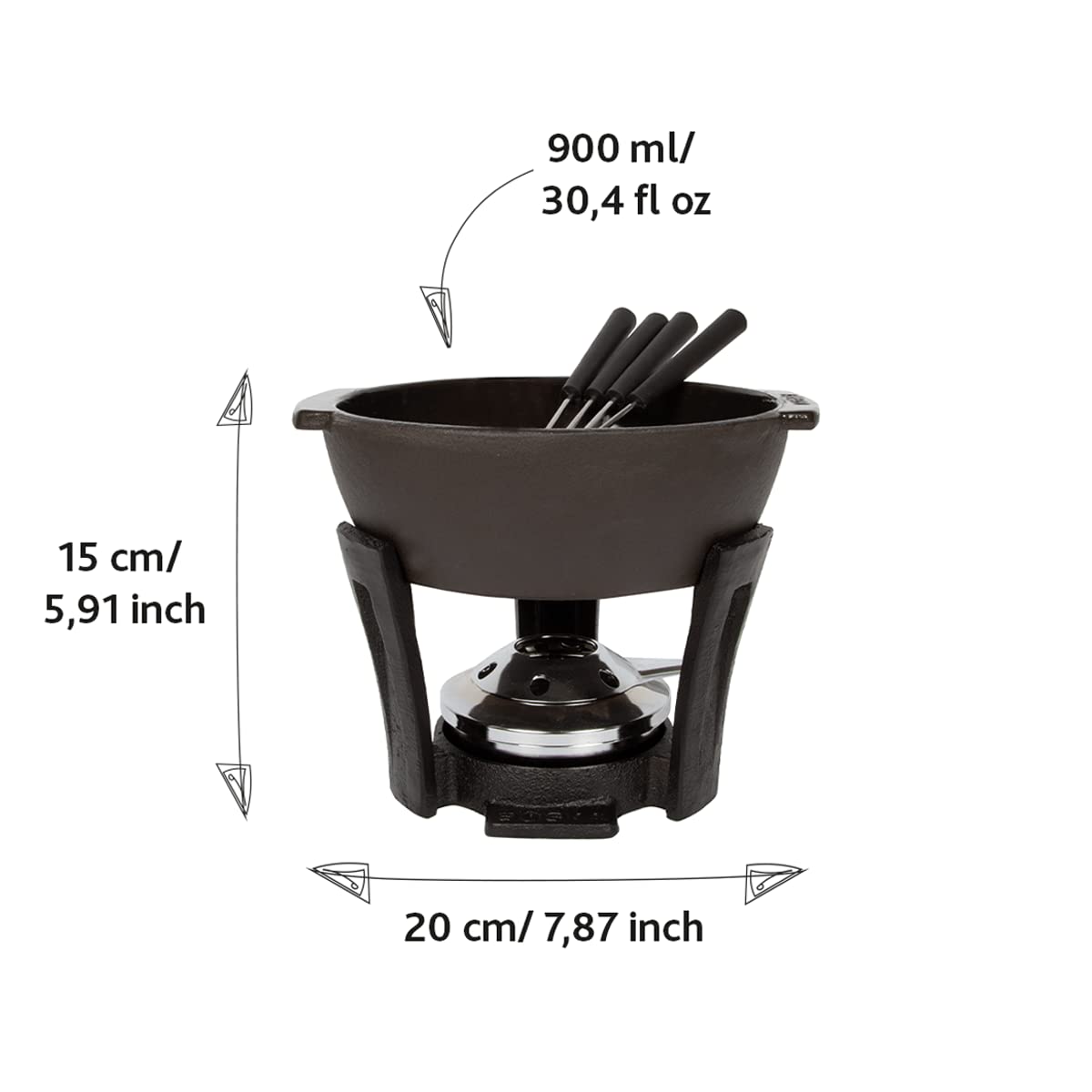 Boska Cheese Fondue Party Set - Black Cast Iron Fondue Pot for Cheese, Meat, and Chocolate - Suitable for Every Stove - Wedding Registry Items for up to 4 Persons