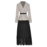 Runway Autumn Winter Dress Women Notched Long Sleeve Belted Tweed Patchwork Black Lace Pleated Dresses