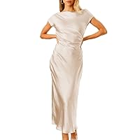 2023 Satin Cap Sleeve Cowl Back Summer Dresses for Women Elegant Ruched Waist Wedding Guest Midi Dress Emerald…