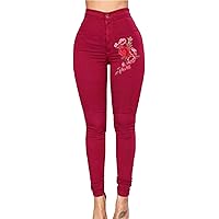 Women's High Waist Stretch Skinny Embroidered Flower Print Leggings Classic Jean Trousers Slimming Jean Jogger