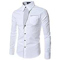 Mens Long Sleeve Stylish Dress Shirts Patchwork Casual Button Down Shirts Turn-Down Collar Shirt Top with Pockets (White,X-Large)