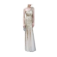 Women One Shoulder Sleeveless Sequin Embroidered Cocktail Backless Dress Party Club Night Dress (Color : Golden, Size : Medium)
