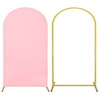 Metal Arch Stand and Cover Set,1 Pink Spandex Fitted Backdrop with 1 Gold Wedding Arched Stand Frame for Parties Birthday Baby Shower Bridal Banquet Decoration (7.2FT)