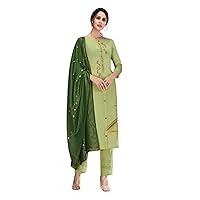 Green Bollywood Indian Women Wear Embroidered Chinnon Silk Straight Salwar Kameez Muslim Cocktail Dress 1298