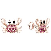 Created Round Cut Pink Sapphire Gemstone 925 Sterling Silver 14K Rose Gold Over Diamond Crab Stud Earring for Women's & Girl's