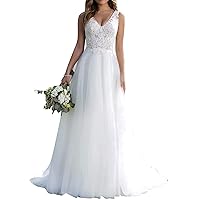 Women Beach Lace Bridal Gown V Neck Tulle Bride Dresses Lace Appliques Wedding Dress White