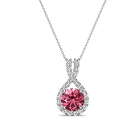 Round Pink Tourmaline & Natural Diamond 1 ctw Women Halo Pendant Necklace. Included 16 Inches Chain 14K Gold