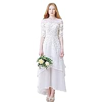 Women's High Low Chiffon Beach Wedding Dresses for Bride Lace Half Sleeve Bridal Gowns