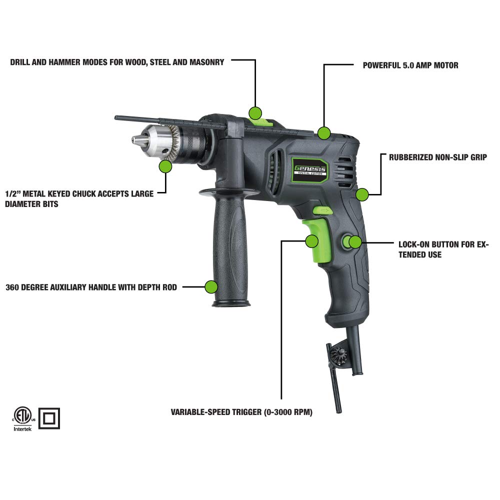 Genesis 1/2 5.0A Variable Speed Reversible Hammer Drill with Auxiliary Handle, Chuck Key and Key Holder and 5ft Power Cord (GHD1250SE)