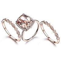 10x12MM Cushion Cut Morganite & CZ Diamond 3pcs Promise Art Deco Engagement Wedding Bridal Band Ring Set 925 Sterling Sliver
