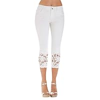 Plus Size Women Lace Hollow Out Sexy Jean Capri Pants Summer Fashion Casual Slim Button Fly Denim Calf Length Pants