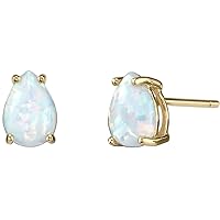 Peora 14K Yellow Gold Created White Fire Opal Earrings for Women, Hypoallergenic Solitaire Studs, 7x5mm Pear Shape, 1 Carat total, October Birthstone, Friction Back