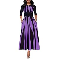 African Maxi Dress for Women Casual Short Sleeve Round Neck Floral Print Loose Party Purple Dress