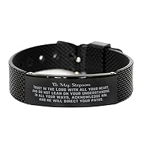 Bible Verse Stepson Gift, Proverbs 3:5-6, Trust in the Lord with all your heart. Christian Black Shark Mesh Bracelet for Stepson. Christmas Encouragement Gift