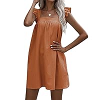 Womens Summer Dress Loose Dress Square Neck Ruffle Sleeve Short Soft Solid Casual Dress S-XL