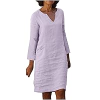Womens Long Sleeve Cotton Linen Knee Length Dress V Collar Loose Casual Dressy Linen T-Shirt Dress with Pockets