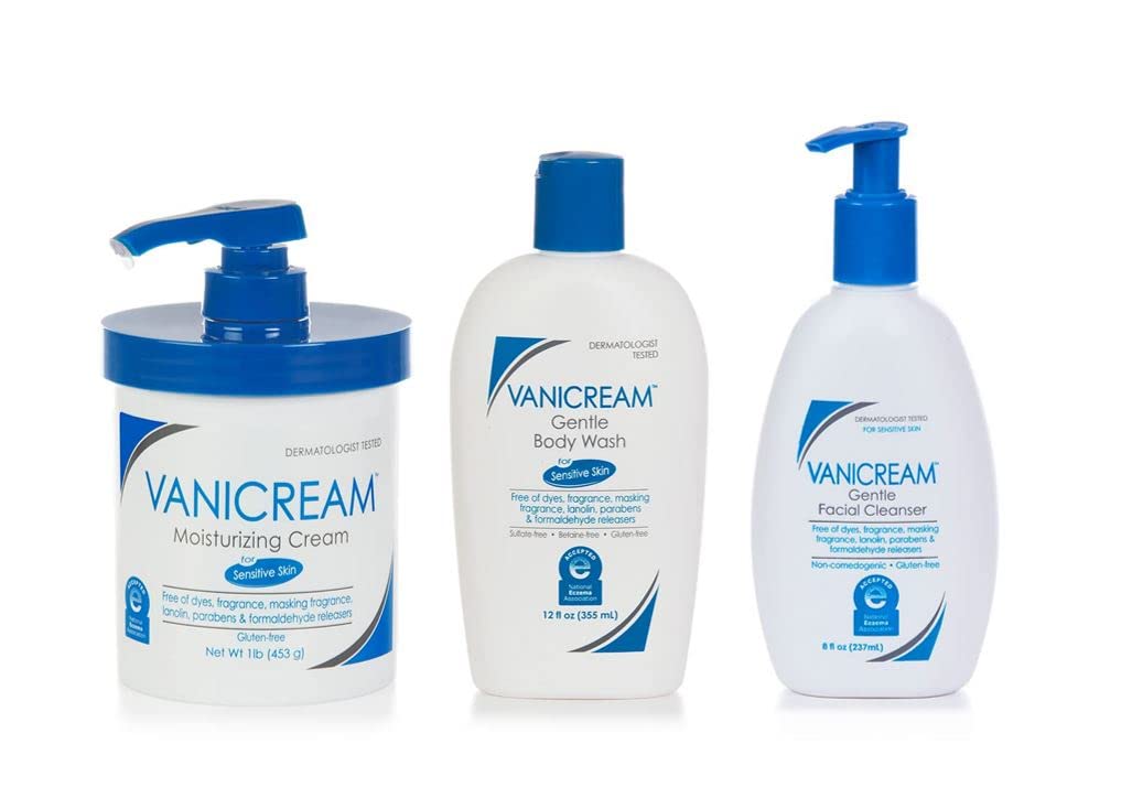 Vanicream Moisturizing Cream with Pump (16 Oz), Gentle Body Wash (12 Oz) & Gentle Facial Cleanser with Pump Dispenser, (8 Oz)