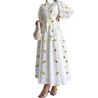 Long Summer Dress Women A Line Waist Flower Print Dresses V-Neck Elegant White