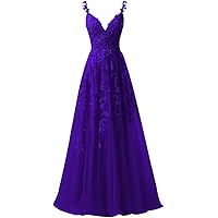 Tulle Spaghetti Straps Prom Dresses V Neck Lace Appliques Ball Gown Princess Formal Evening Gowns Dress