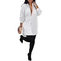 Vaceky Sparkly Dresses for Women Plus Size Lapel Button Up V Neck Shirt Dress Sequin Glitter Long Sleeve Mini Dress