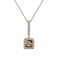 Princess Cut Smoky Quartz & Diamond Pendant Necklace 0.72 ctw 14K Rose Gold with 18