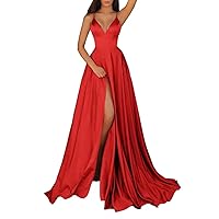 A Line Spaghetti Strap V Neck Prom Dress for Women with Pocket, Satin Split Formal Evening Party Gown with Train