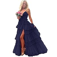 Sevy Unique A Line Doric Sweetheart Long Prom Dress V Neck Ruffles Tulle Formal Party Gown with Split