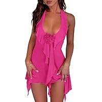 SHESEEWORLD Women's Sexy Summer Sleeveless 3D Flower Halter Ruffle V Neck Cut Out Backless Y2k Flowy Mini Party Dress