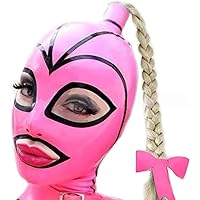 Sexy Pink Black Stripe Rubber Hood Latex Mask with Twist Braid Wig Back Zipper Fetish Club Ball Cosplay Halloween