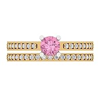 1.14 carat Round Shape Solitaire accent Pink Zircon Engagement Wedding Anniversary Bridal ring band set 14k 2 Tone Gold
