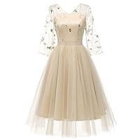 Women's V Neck Embroidered Vintage Tulle Cocktail Party Dress with Sleeves