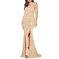 Lindo Noiva Plus Size Prom Dress Long Sequin for Women Sparkly V Neck Mermaid Ball Evening Formal Dresses with Slit LNL085 Champagne