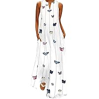 Cute Butterfly Print Maxi Dress Women Sleeveless V Neck Tank Dress Summer Plus Size Long Beach Sundress with Pocket