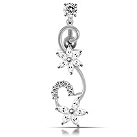 Fancy Vine and Flower Reverse Bar Dangling 925 Sterling Silver with Stainless Steel Belly Button Navel Rings