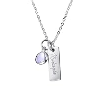 Skinny Mini Vertical Bar Necklace with Light Purple Birthstone Personalized Long Name Stainless Steel Jewelry for Women