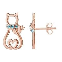 Created Round Cut Aquamarine Gemstone 925 Sterling Silver 14K Rose Gold Over Cat Stud Earring for Women's & Girl's