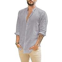 Mens Casual Long Sleeve Cotton Linen Shirts Buttons Down Solid Plain Roll-Up Sleeve Summer Beach Shirts